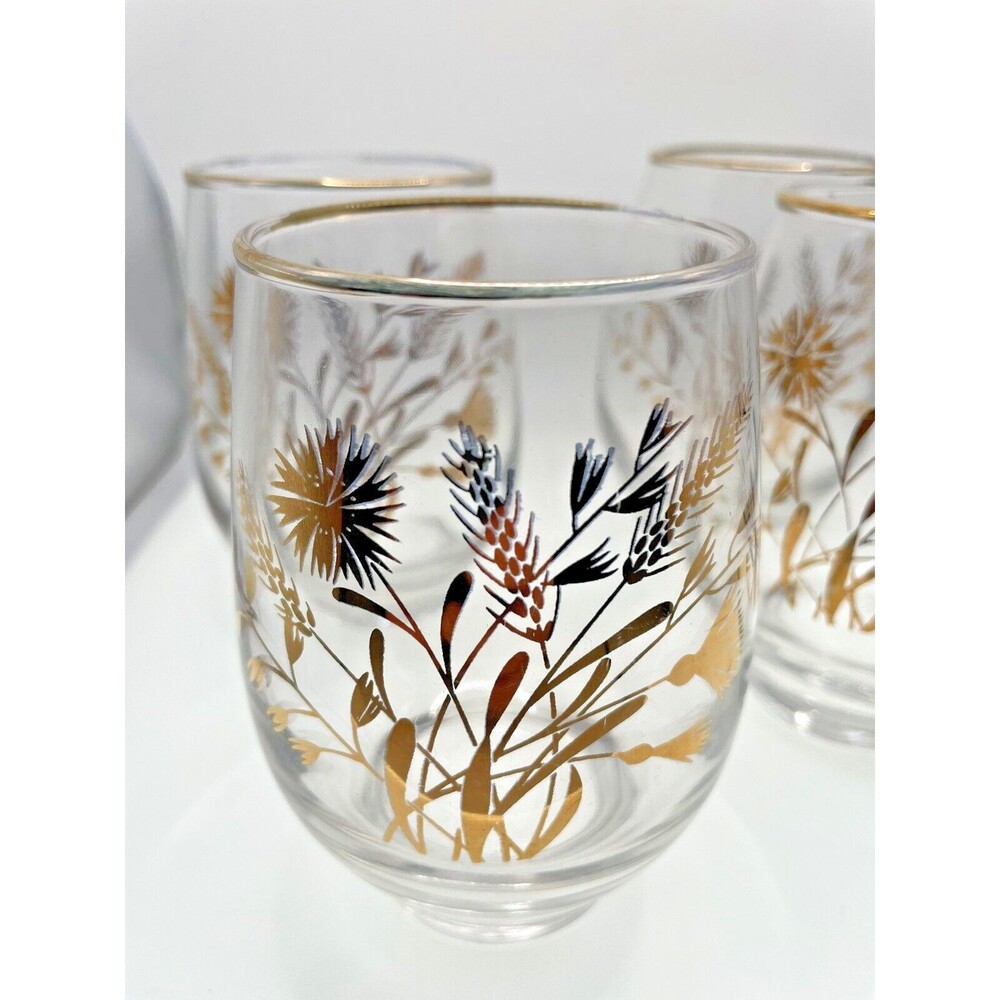 vtg Libbey Gold Wheat Tumblers weighted bottom Stemless glasses Set Of 4 1970s